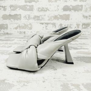 New Marc Fisher Dellian Gray Leather Heeled Slide Sandals  X147